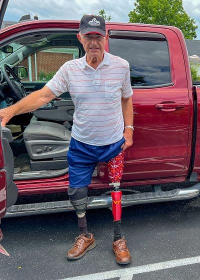 gentleman with a custom Virginia Tech prosthesis